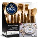 Gold Plastic Silverware Set (160 Bulk Pack) Disposable Cutlery Utensils, 80 Gold Forks, 40 Gold Knives, 40 Gold Spoons, Heavy Duty Flatware For Holidays, Parties, Dinners, Weddings, and Occasions-0