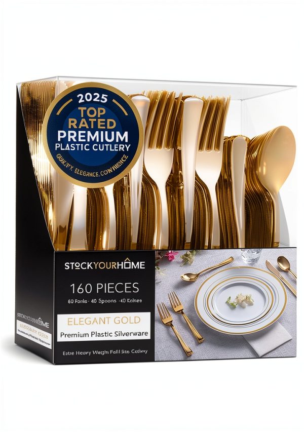 Gold Plastic Silverware Set (160 Bulk Pack) Disposable Cutlery Utensils, 80 Gold Forks, 40 Gold Knives, 40 Gold Spoons, Heavy Duty Flatware For Holidays, Parties, Dinners, Weddings, and Occasions-0